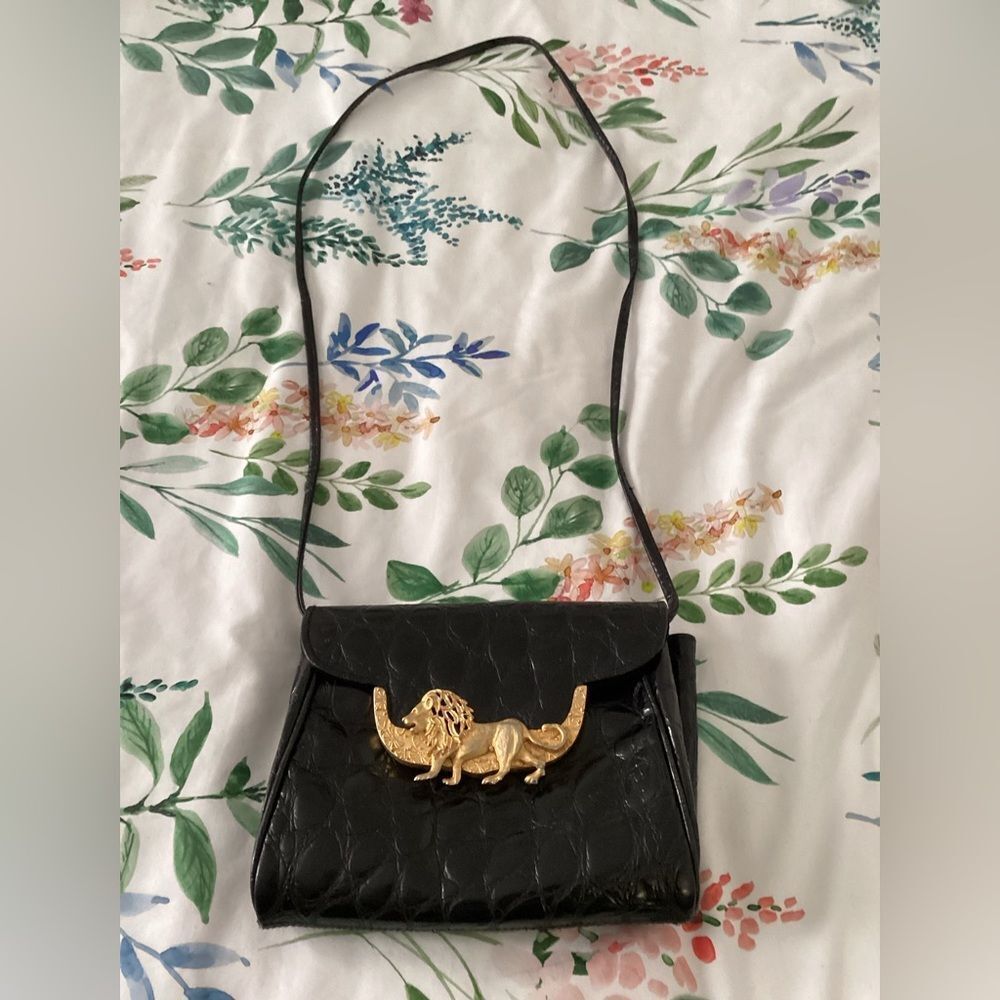 Vintage Black Crocodile Leather lion Medallion, Bag